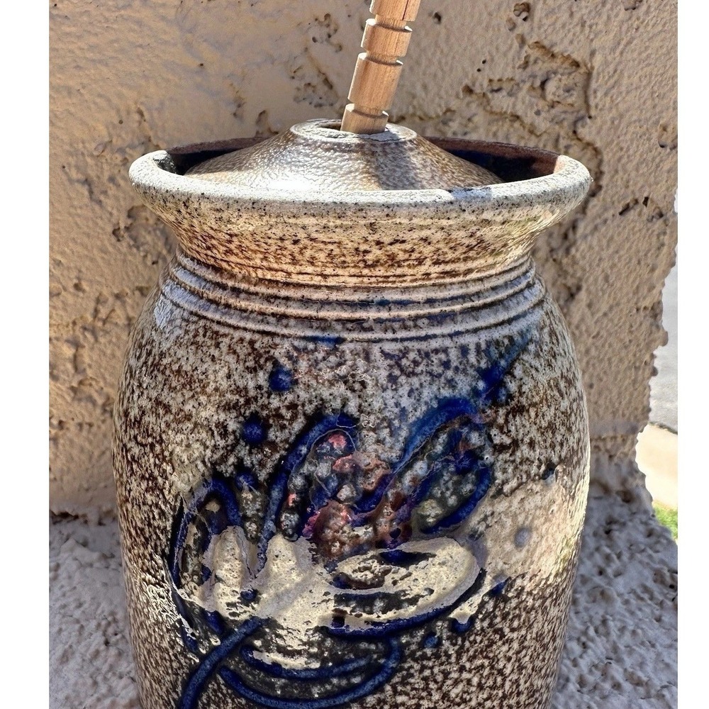 Handmade Studio Pottery Honey Jar with Lid and‎ Wooden Dipper Unique Design